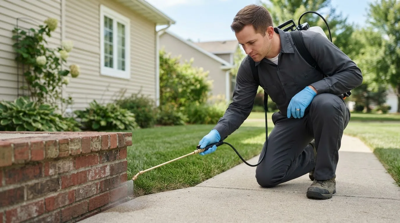 Pest control technician treating a home near Warrenton, OR